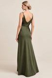 Olive Sheath Satin Maxi Bridesmaid Dress with Slit