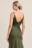 Olive Sheath Satin Maxi Bridesmaid Dress with Slit