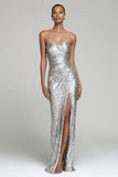 Sparkly Silver Strapless Sheath Holiday Party Dress With Slit