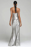 Sparkly Silver Strapless Sheath Holiday Party Dress With Slit