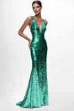 Sparkly Silver V-neck Sequins Mermaid Long Formal Dress