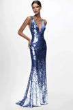 Sparkly Silver V-neck Sequins Mermaid Long Formal Dress