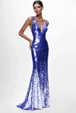 Sparkly Silver V-neck Sequins Mermaid Long Formal Dress