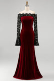 Burgundy Velvet Mermaid Long Sleeves Formal Dress with Lace