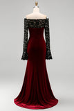 Burgundy Velvet Mermaid Long Sleeves Formal Dress with Lace