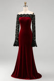 Burgundy Velvet Mermaid Long Sleeves Formal Dress with Lace