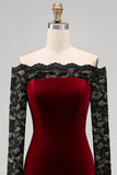 Burgundy Velvet Mermaid Long Sleeves Formal Dress with Lace