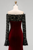 Burgundy Velvet Mermaid Long Sleeves Formal Dress with Lace