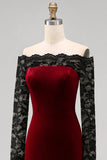 Burgundy Velvet Mermaid Long Sleeves Formal Dress with Lace