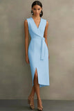 White Midi Sheath Satin V-Neck Formal Dress with Slit
