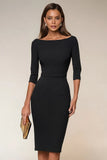 Navy Bodycon Boat Neck Midi Work Dress with 3/4 Sleeves