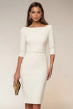 Navy Bodycon Boat Neck Midi Work Dress with 3/4 Sleeves