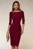 Navy Bodycon Boat Neck Midi Work Dress with 3/4 Sleeves