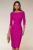 Navy Bodycon Boat Neck Midi Work Dress with 3/4 Sleeves