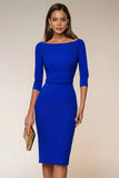 Navy Bodycon Boat Neck Midi Work Dress with 3/4 Sleeves