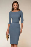 Navy Bodycon Boat Neck Midi Work Dress with 3/4 Sleeves