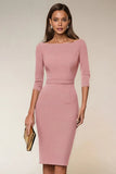 Navy Bodycon Boat Neck Midi Work Dress with 3/4 Sleeves