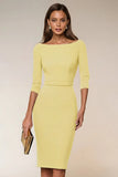 Navy Bodycon Boat Neck Midi Work Dress with 3/4 Sleeves