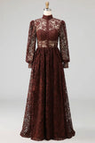 Black High Neck Long Sleeves Lace Evening Dress with Pockets