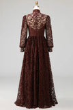 Black High Neck Long Sleeves Lace Evening Dress with Pockets