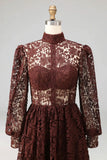 Black High Neck Long Sleeves Lace Evening Dress with Pockets