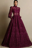 Black High Neck Long Sleeves Lace Evening Dress with Pockets