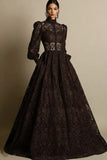Black High Neck Long Sleeves Lace Evening Dress with Pockets