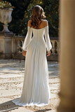 Off the Shoulder Ivory Ruched A-Line Floor Length Beach Wedding Dress