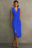 White Midi Sheath Satin V-Neck Formal Dress with Slit