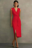 White Midi Sheath Satin V-Neck Formal Dress with Slit