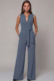 Navy V-Neck Sleeveless Formal Jumpsuit with Belt