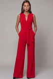 Navy V-Neck Sleeveless Formal Jumpsuit with Belt