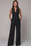 Navy V-Neck Sleeveless Formal Jumpsuit with Belt
