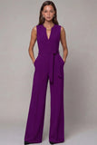 Navy V-Neck Sleeveless Formal Jumpsuit with Belt