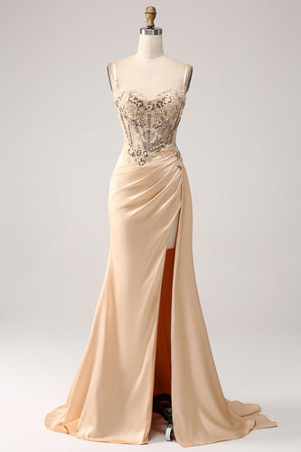 Elegant Champagne Mermaid Pleated Satin Prom Dress With Appliques