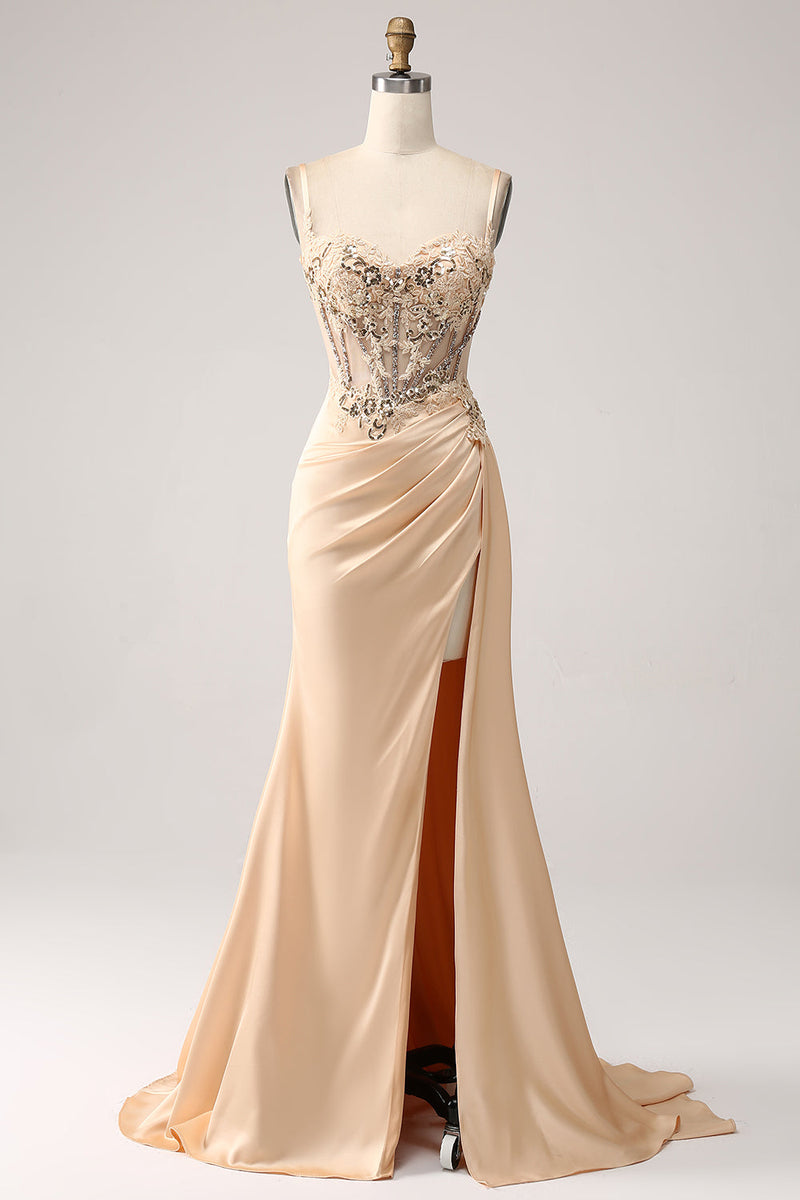 Load image into Gallery viewer, Elegant Champagne Mermaid Pleated Satin Prom Dress With Appliques
