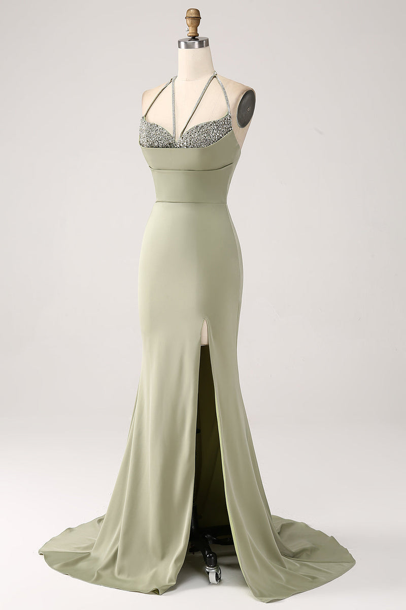 Load image into Gallery viewer, Sheath Pistachio V-Neck Beaded Long Prom Dress With Slit
