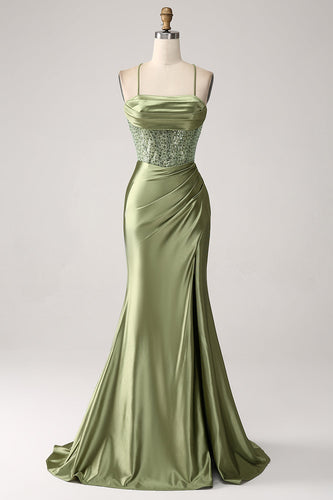 Green Mermaid Cowl Neckline Sequin Long Prom Dress With Slit