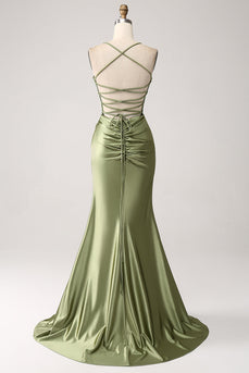 Green Mermaid Cowl Neckline Sequin Long Prom Dress With Slit