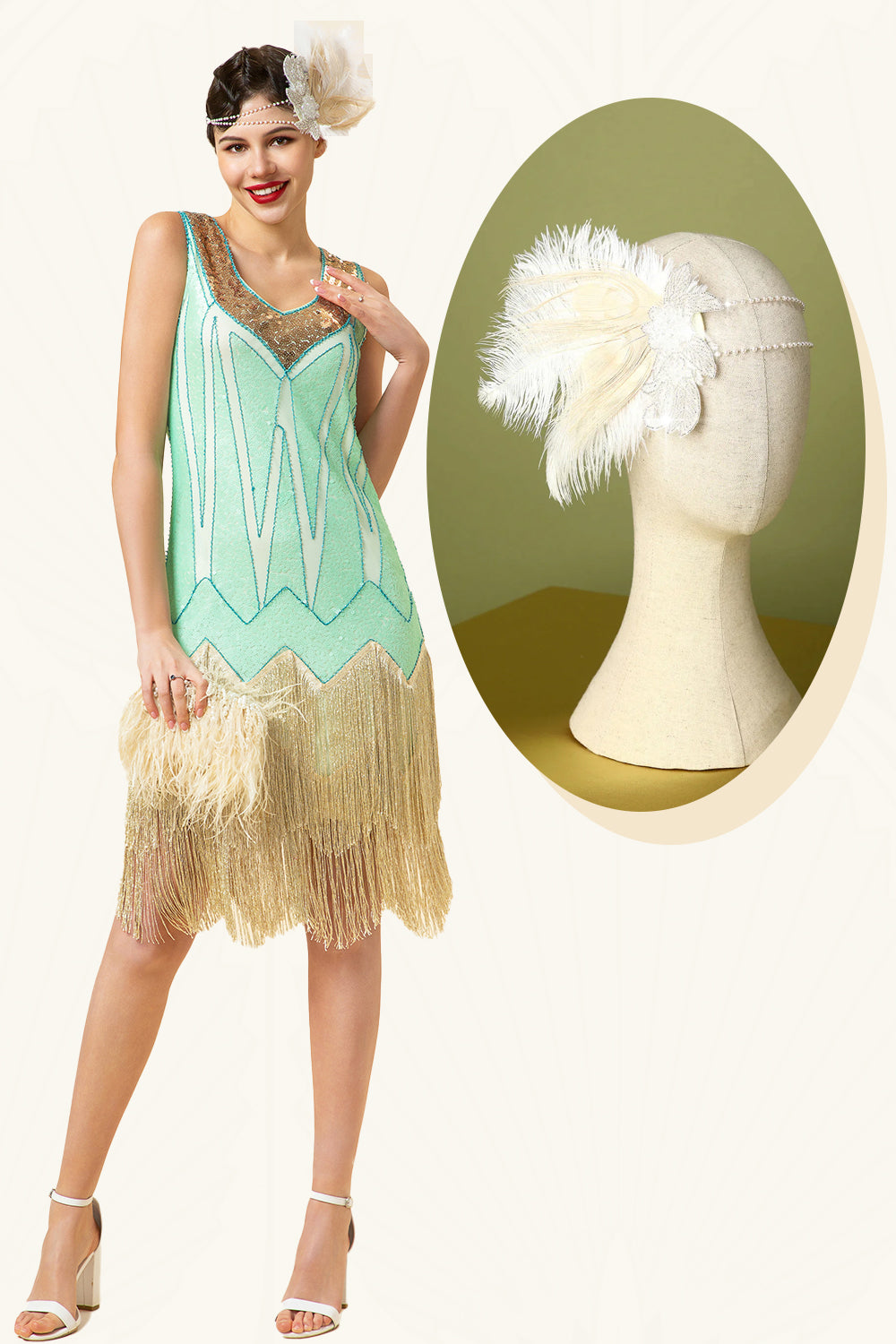 Mint Green Sequined Fringes 1920s Gatsby Flapper Dress with 20s Accessories Set