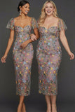 Floral Mauve Tulle Sheath Midi Wedding Guest Dress with Sleeves