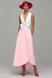 Orange And Fuchsia Colorblock V Neck A Line Formal Dress