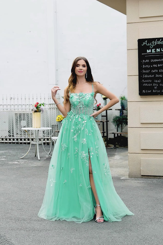 Nellie, Green Tulle Lace Long Prom Dress with Corset, Green Formal Pa