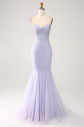 Lilac Mermaid Sweetheart Strapless Beaded Long Prom Dress