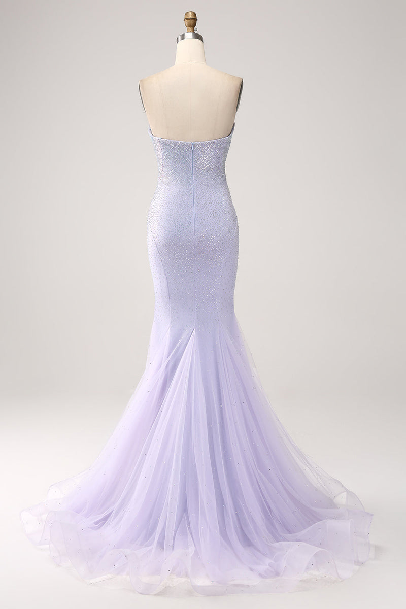 Load image into Gallery viewer, Lilac Mermaid Sweetheart Strapless Beaded Long Prom Dress