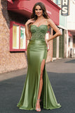 Mermaid Sage Spaghetti Straps Slit Prom Dress With Lace-up Back