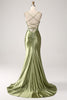 Load image into Gallery viewer, Mermaid Sage Spaghetti Straps Lace-up Back Prom Dress With Slit
