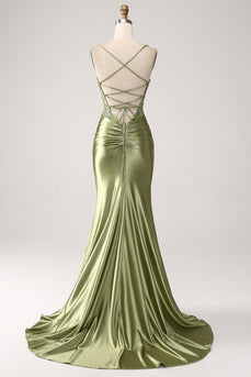 Mermaid Sage Spaghetti Straps Lace-up Back Prom Dress With Slit
