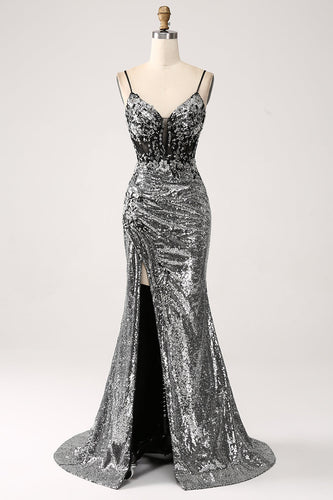 Black Sparkly Mermaid Spaghetti Straps Corset Prom Dress with Slit