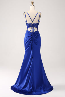 Royal Blue Mermaid Corset Beaded Long Prom Dress with Slit